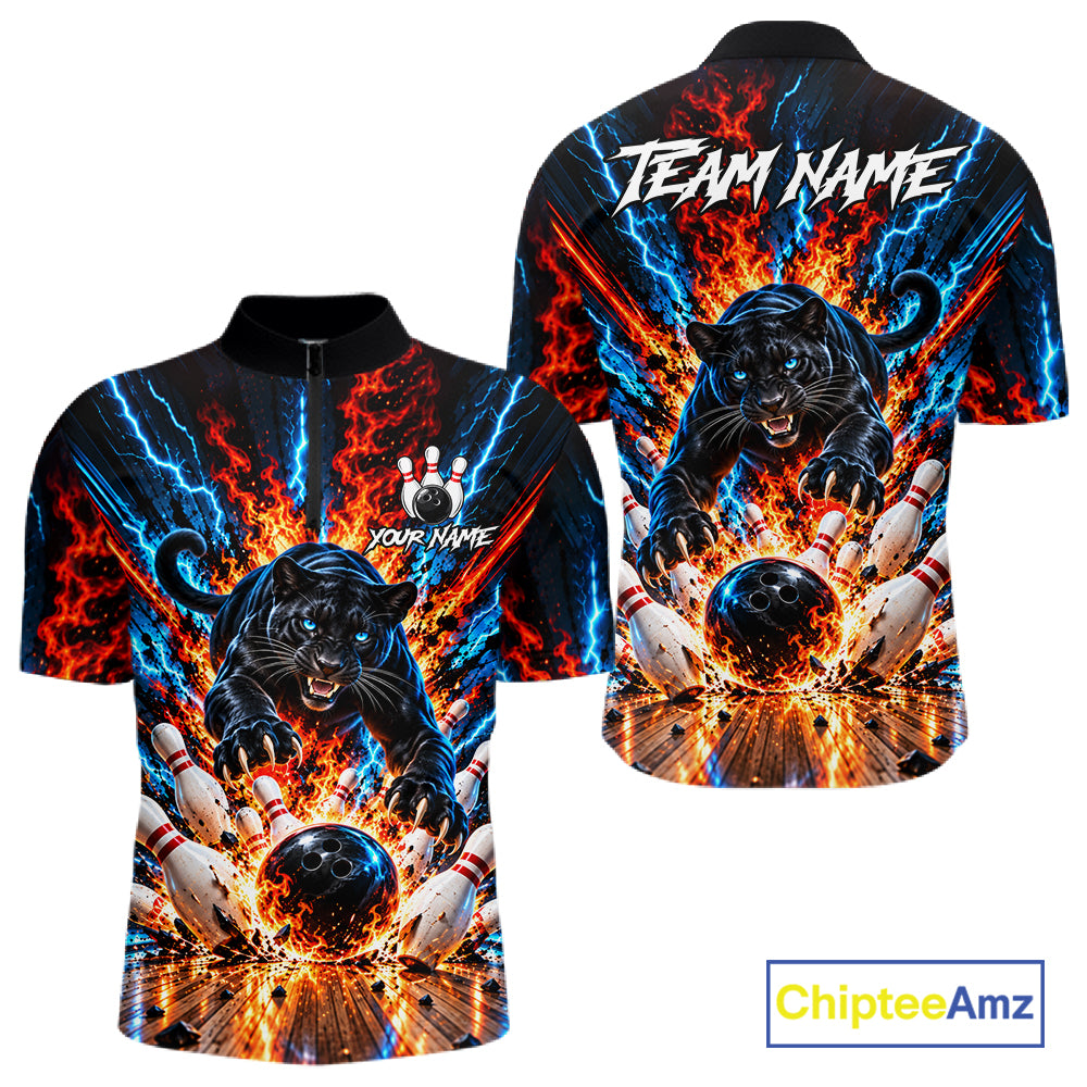 Flame And Lightning Custom Panther Bowling Shirts For Men, Bowling Team Jersey Polo & 1/4 Zip TDM8080