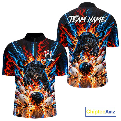 Flame And Lightning Custom Panther Bowling Shirts For Men, Bowling Team Jersey Polo & 1/4 Zip TDM8080