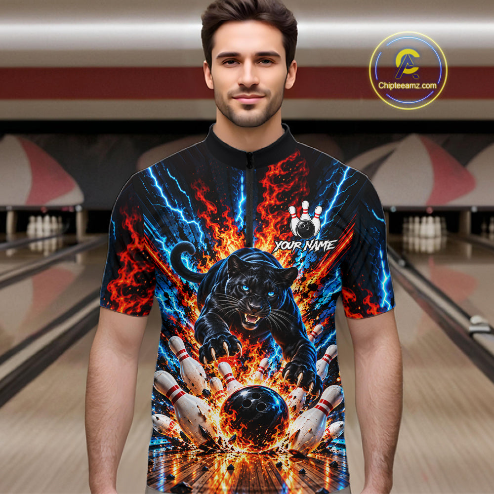 Flame And Lightning Custom Panther Bowling Shirts For Men, Bowling Team Jersey Polo & 1/4 Zip TDM8080