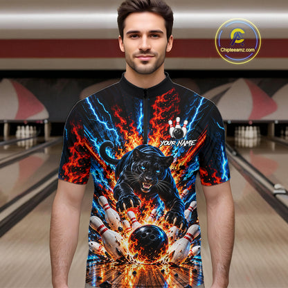 Flame And Lightning Custom Panther Bowling Shirts For Men, Bowling Team Jersey Polo & 1/4 Zip TDM8080