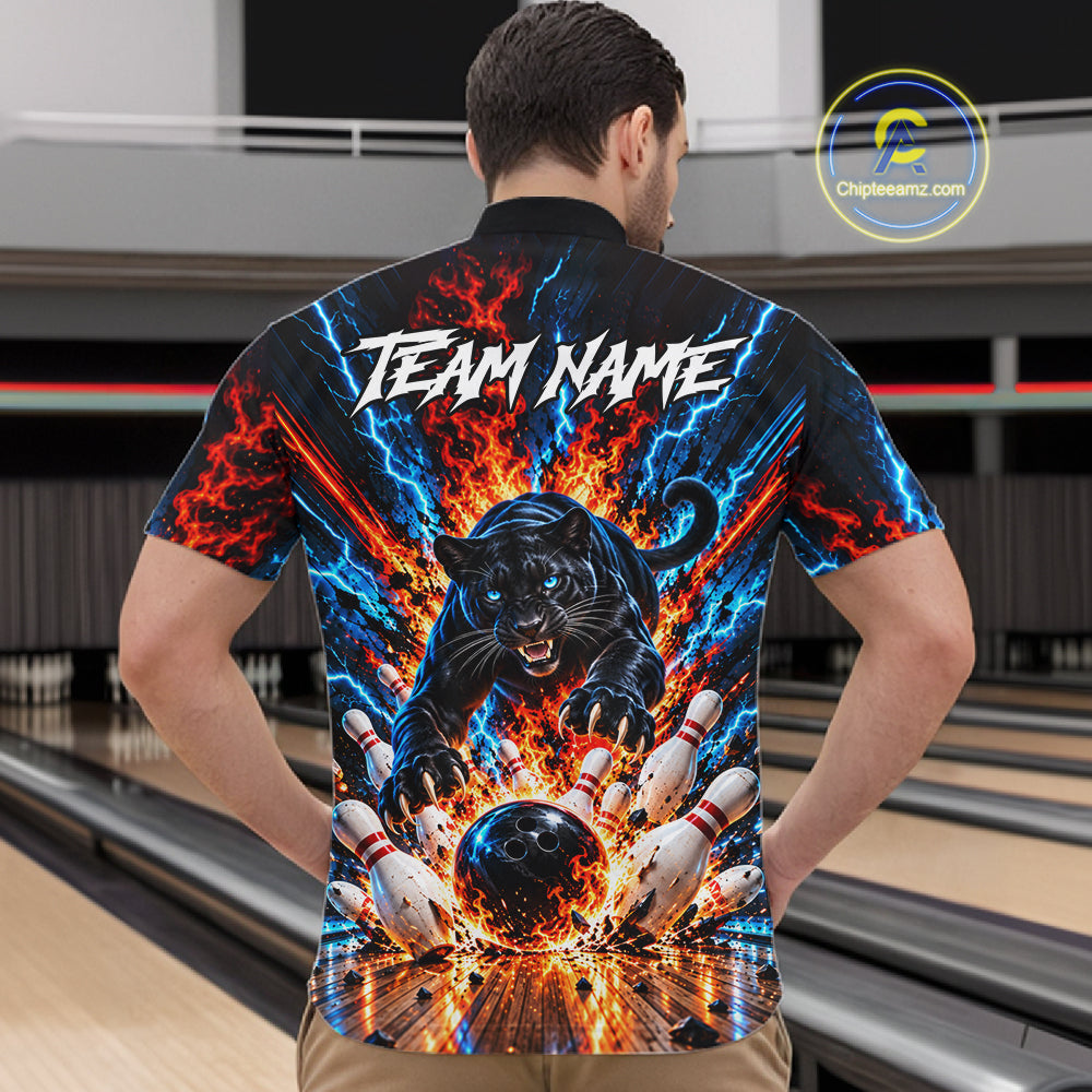 Flame And Lightning Custom Panther Bowling Shirts For Men, Bowling Team Jersey Polo & 1/4 Zip TDM8080