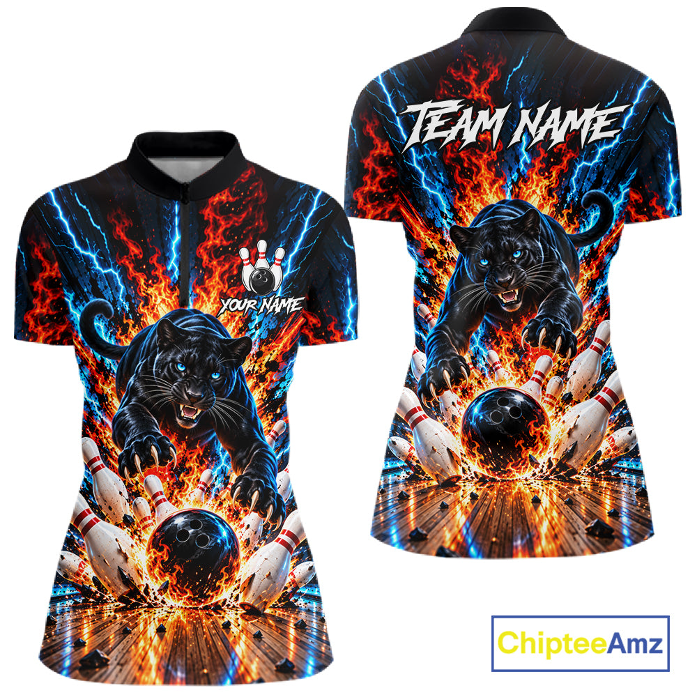 Flame And Lightning Custom Panther Bowling Shirts For Women, Bowling Team Jersey Polo & 1/4 Zip TDM8080
