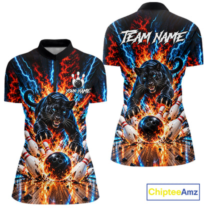 Flame And Lightning Custom Panther Bowling Shirts For Women, Bowling Team Jersey Polo & 1/4 Zip TDM8080