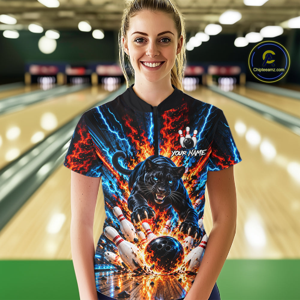 Flame And Lightning Custom Panther Bowling Shirts For Women, Bowling Team Jersey Polo & 1/4 Zip TDM8080