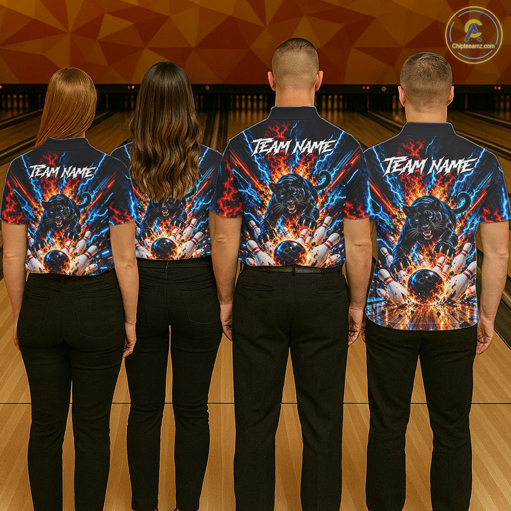 Flame And Lightning Custom Panther Bowling Shirts For Men, Bowling Team Jersey Polo & 1/4 Zip TDM8080