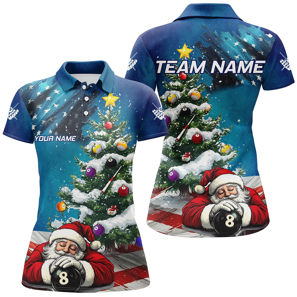 Funny Santa Christmas Pine Tree Custom American Flag Billiard Shirts For Women, Xmas Billiard Jerseys TDM3128