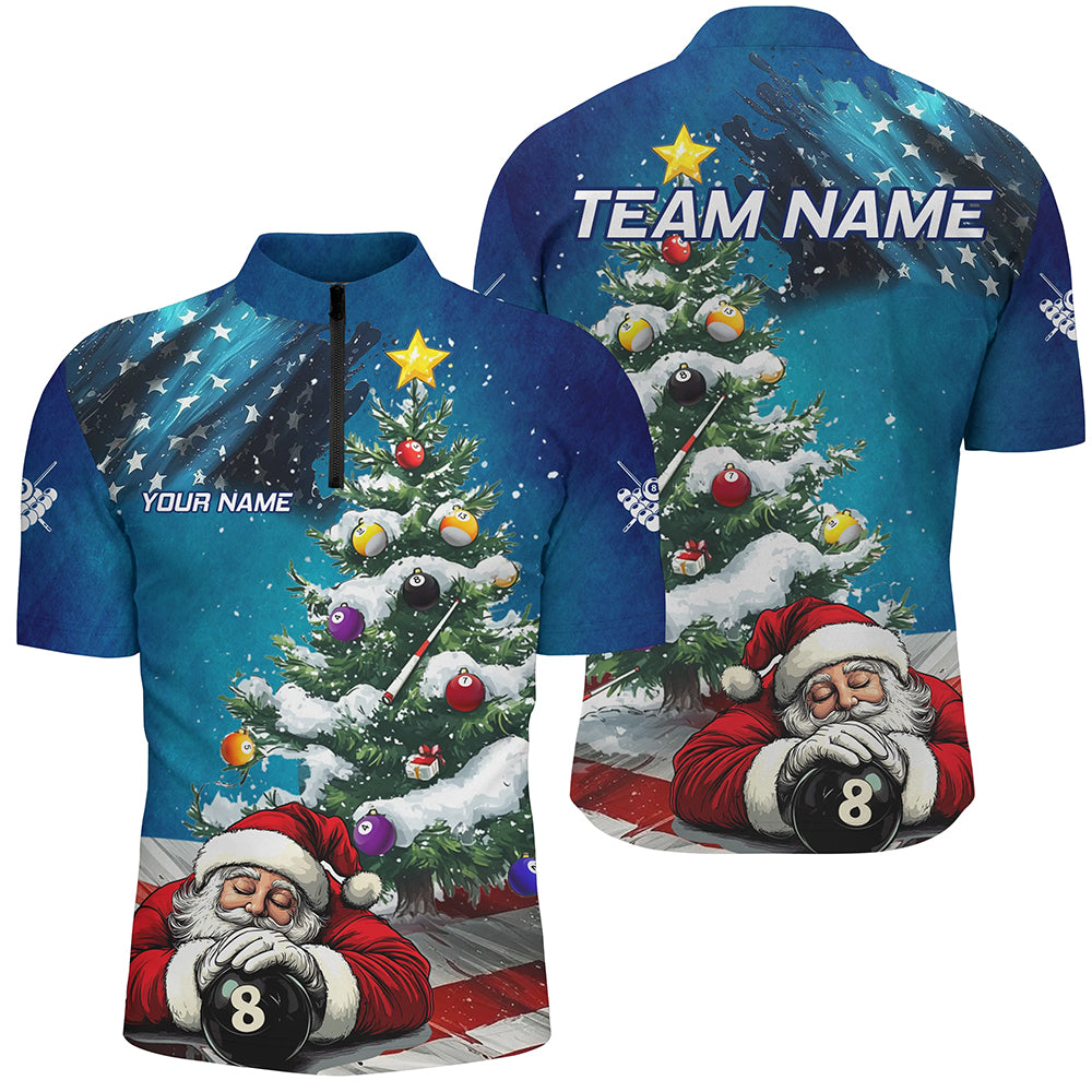 Funny Santa Christmas Pine Tree Custom American Flag Billiard Shirts For Men, Xmas Billiard Jerseys TDM3128