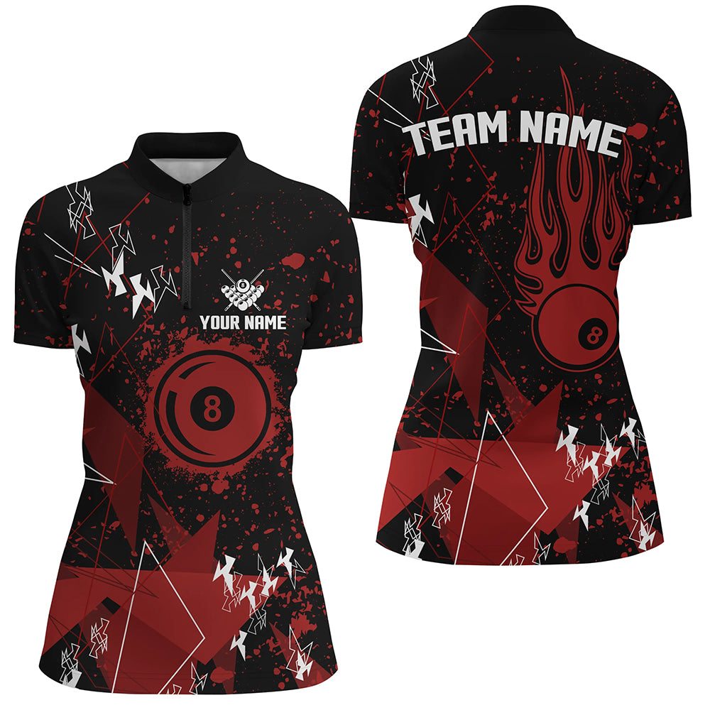 Personalized Red Grunge Billiard Women Quarter-Zip Shirts, Billiards Jerseys For Pool Player TDM1039