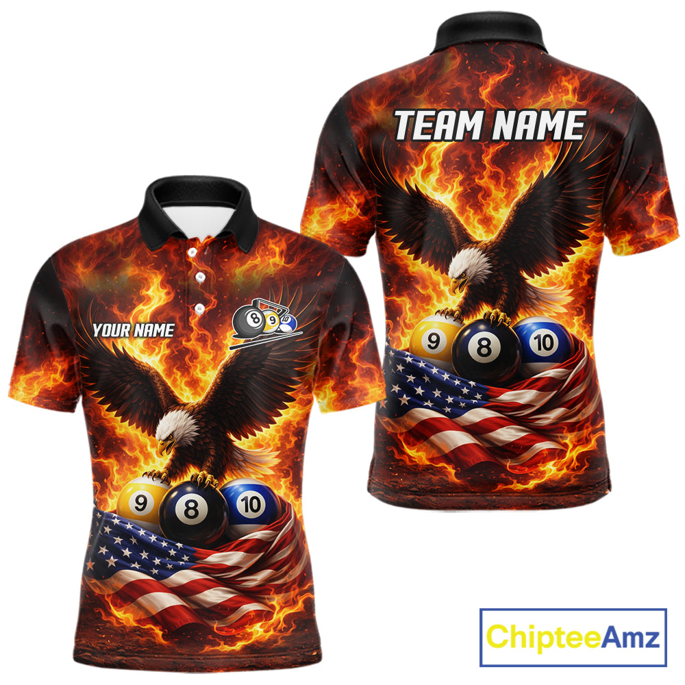 Personalized Flame Eagle 8 Ball, 9 Ball & 10 Ball US Flag Billiard Shirt For Men, Pool Team Jersey TDM5853