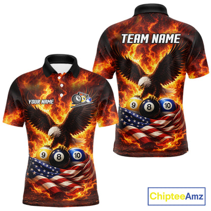 Personalized Flame Eagle 8 Ball, 9 Ball & 10 Ball US Flag Billiard Shirt For Men, Pool Team Jersey TDM5853