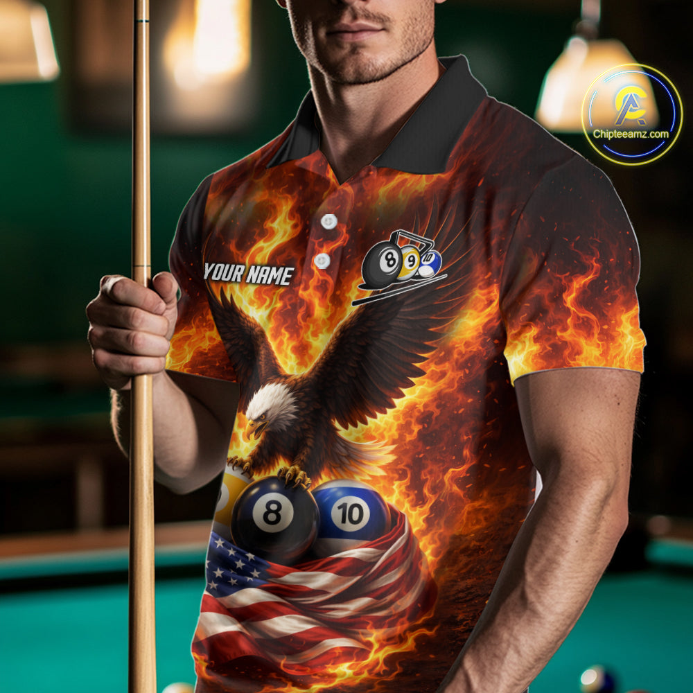 Personalized Flame Eagle 8 Ball, 9 Ball & 10 Ball US Flag Billiard Shirt For Men, Pool Team Jersey TDM5853