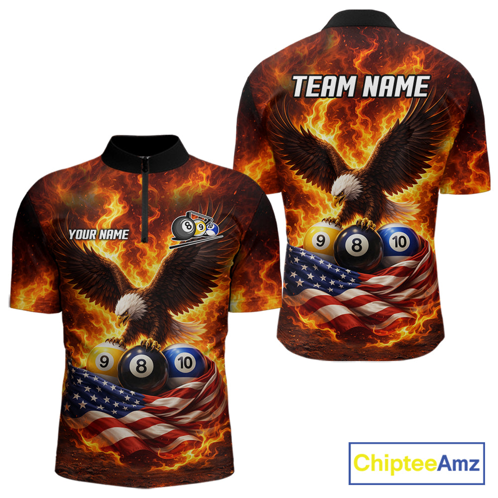 Personalized Flame Eagle 8 Ball, 9 Ball & 10 Ball US Flag Billiard Shirt For Men, Pool Team Jersey TDM5853