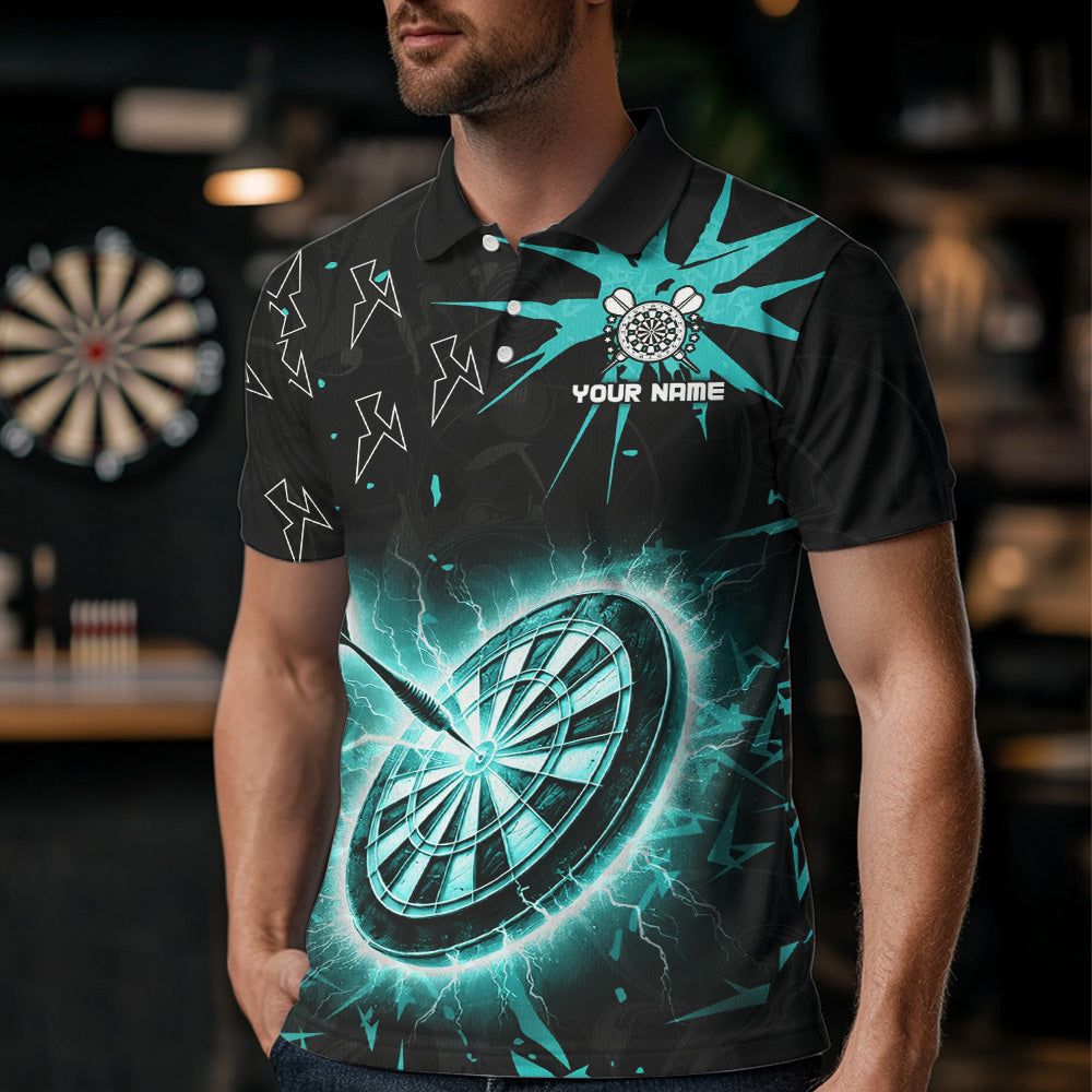 Custom Dart Jerseys For Men, Black And Turquoise Dartboard Thunder Lightning Darts Polo & 1/4 Zip TDM3667