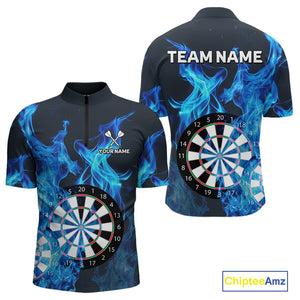 Blue Flaming Dartboard Darts Polo & Quarter Zip Custom Dart Shirts For Men Team Dart Jerseys TDM3821