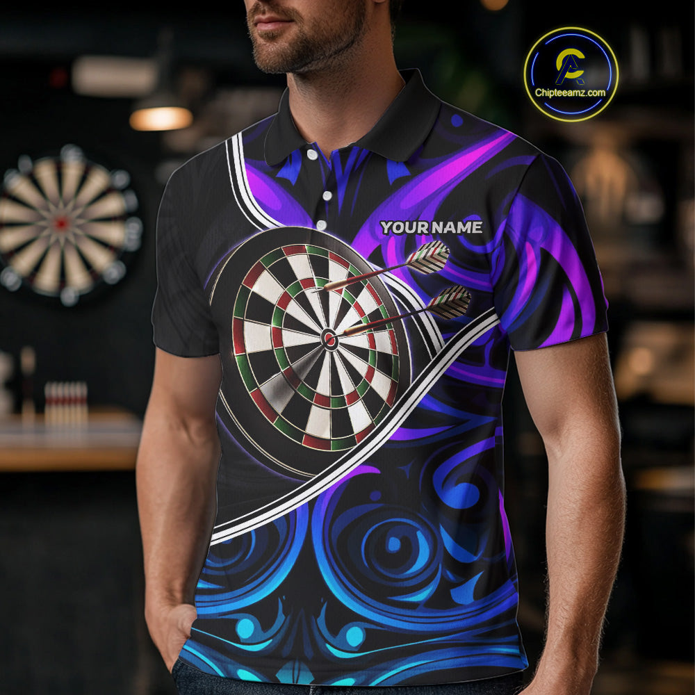 Neon Purple Blue Tribal Pattern Dart Shirts For Men Custom Dart Jerseys Team Polo & Quarter Zip TDM3823