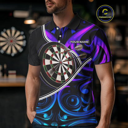 Neon Purple Blue Tribal Pattern Dart Shirts For Men Custom Dart Jerseys Team Polo & Quarter Zip TDM3823