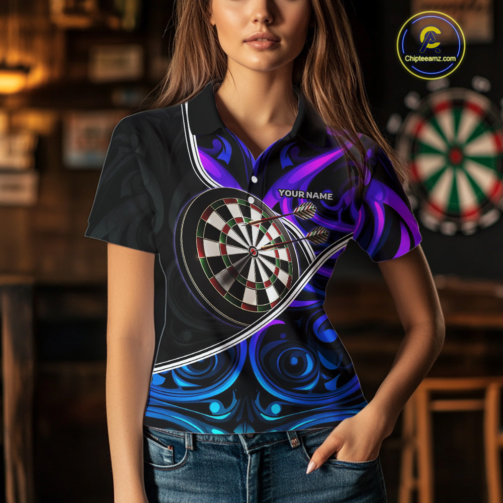Neon Purple Blue Tribal Pattern Dart Shirts For Women Custom Dart Jerseys Team Polo & Quarter Zip TDM3823