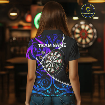 Neon Purple Blue Tribal Pattern Dart Shirts For Women Custom Dart Jerseys Team Polo & Quarter Zip TDM3823