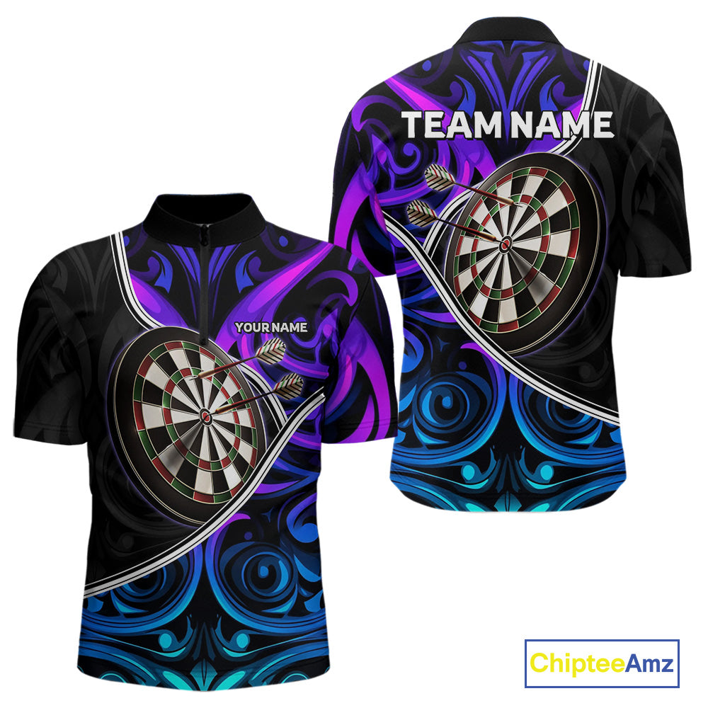 Neon Purple Blue Tribal Pattern Dart Shirts For Men Custom Dart Jerseys Team Polo & Quarter Zip TDM3823