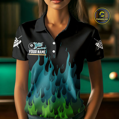 Green And Blue Flaming 8 Ball Pool Women Billiard Polo & 1/4 Zip Custom Pool Team Player Jersey TDM3828