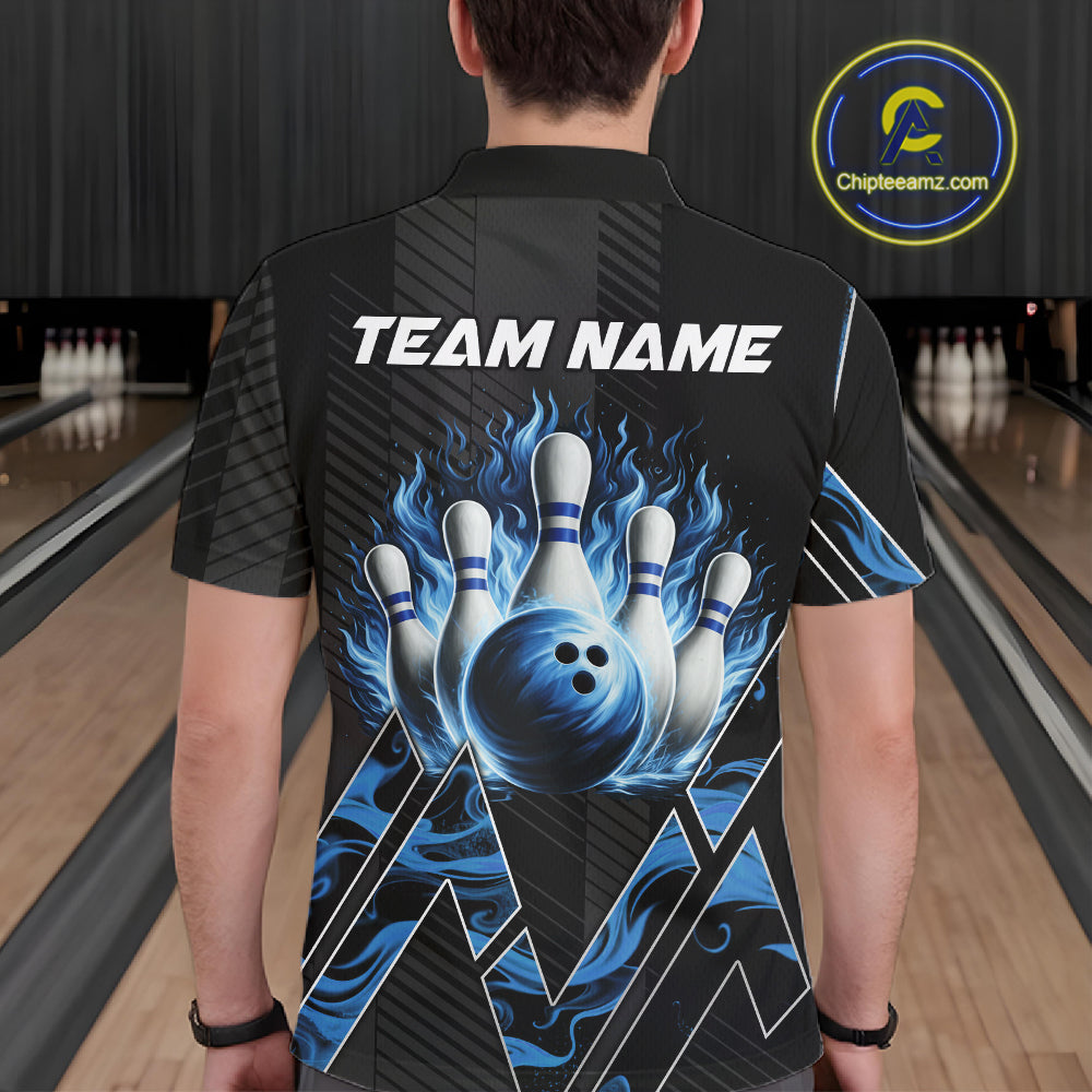Personalized Fire Flame Bowling Jersey For Men Custom Bowling Team Shirt Polo & 1/4 Zip |Blue TDM6239