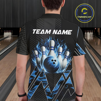 Personalized Fire Flame Bowling Jersey For Men Custom Bowling Team Shirt Polo & 1/4 Zip |Blue TDM6239