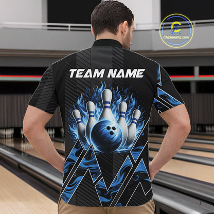 Personalized Fire Flame Bowling Jersey For Men Custom Bowling Team Shirt Polo & 1/4 Zip |Blue TDM6239
