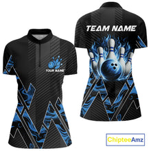 Load image into Gallery viewer, Personalized Fire Flame Bowling Jersey For Women Custom Bowling Team Shirt Polo &amp; 1/4 Zip |Blue TDM6239