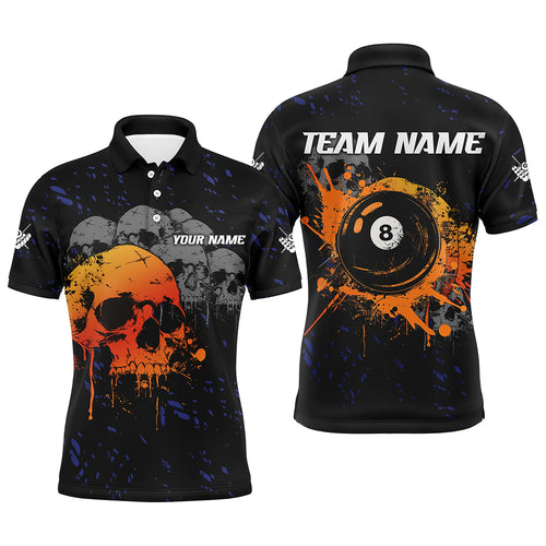 Custom Grunge Orange Skull 8 Ball Pool Men Billiard Polo & Quarter-Zip Shirts, Pool Player Shirts TDM1733