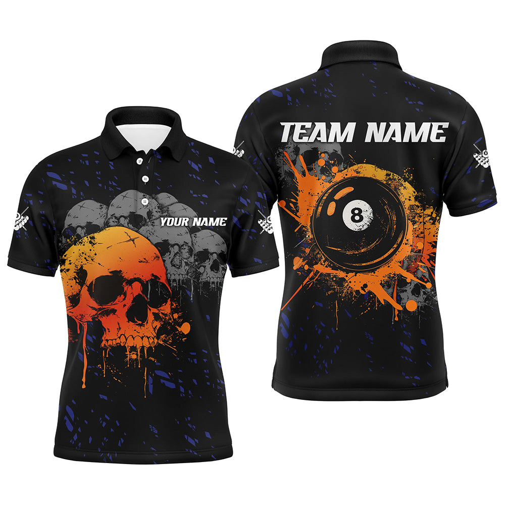 Custom Grunge Orange Skull 8 Ball Pool Men Billiard Polo & Quarter-Zip Shirts, Pool Player Shirts TDM1733