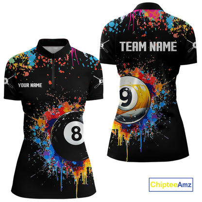 Funny 8&9 Ball Pool Colorful Paint Splash Billiard Shirt For Women Custom Billiard Team Jerseys TDM4295