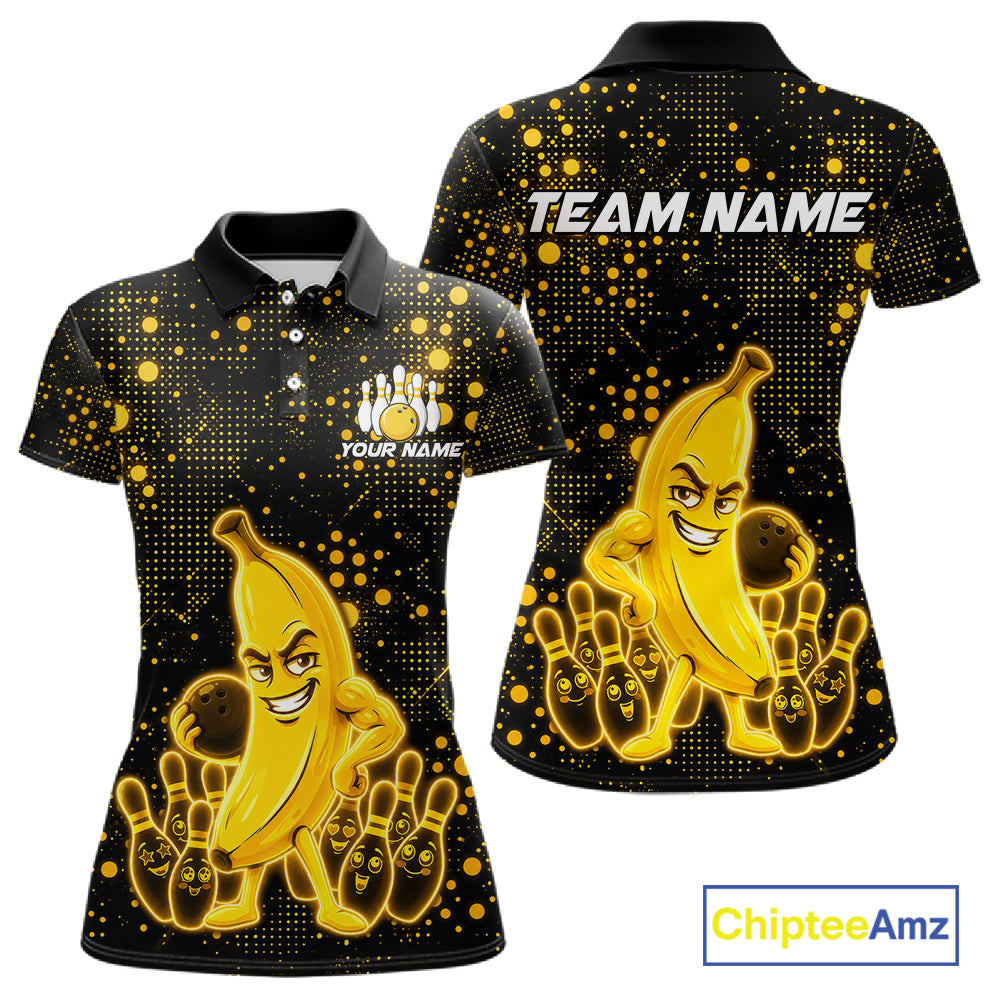 Black and yellow funny banana bowling team jersey polo shirt for women featuring a glowing funny banana bowling design, premium custom bowling league apparel.
