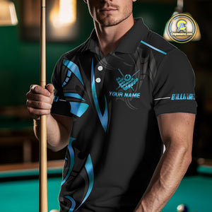 Custom 8 Ball Pool Crown Men Billiard Shirts, Blue Cyan And Black Billiard Team Shirt Pool Jerseys TDM4729