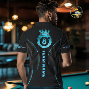 Custom 8 Ball Pool Crown Men Billiard Shirts, Blue Cyan And Black Billiard Team Shirt Pool Jerseys TDM4729