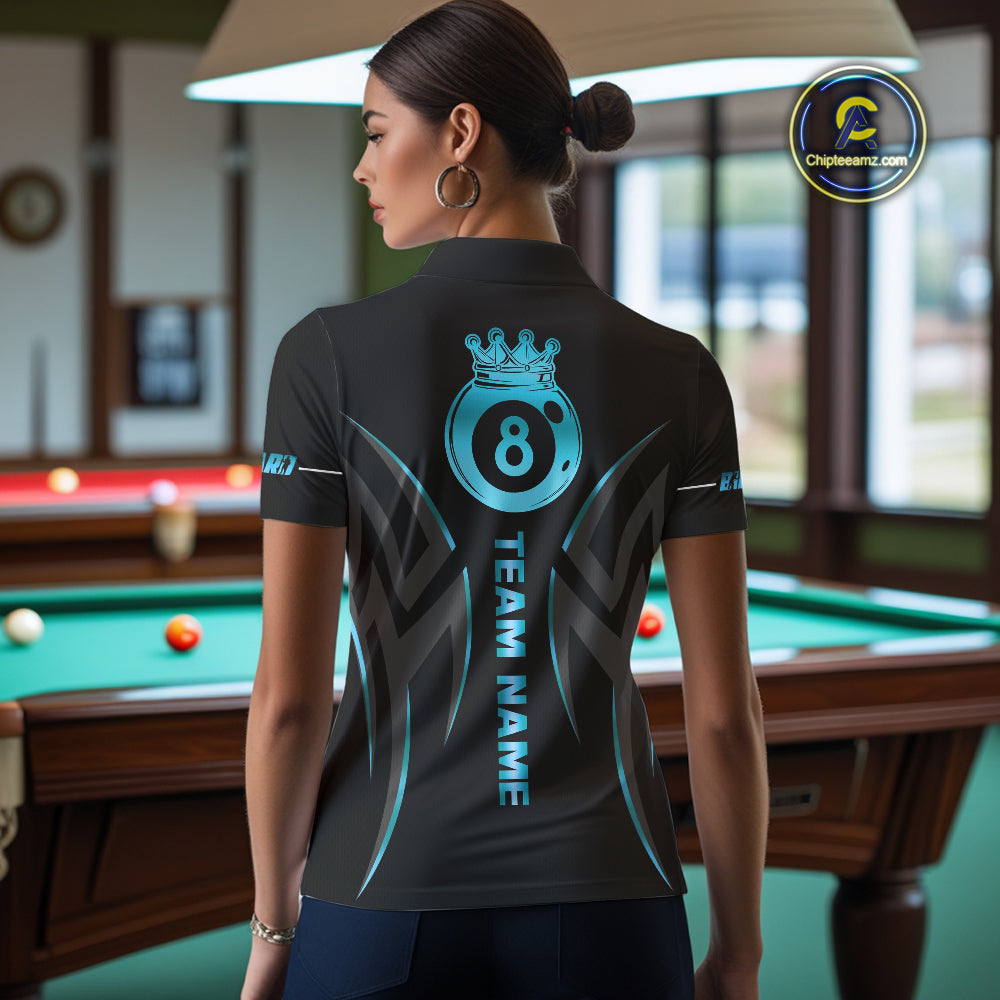 Custom 8 Ball Pool Crown Women Billiard Shirts, Blue Cyan And Black Billiard Team Shirt Pool Jerseys TDM4729