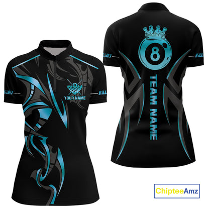 Custom 8 Ball Pool Crown Women Billiard Shirts, Blue Cyan And Black Billiard Team Shirt Pool Jerseys TDM4729