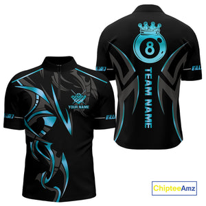 Custom 8 Ball Pool Crown Men Billiard Shirts, Blue Cyan And Black Billiard Team Shirt Pool Jerseys TDM4729