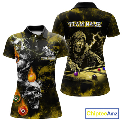 Personalized Yellow Grim Reaper Billiard Shirts For Women Custom Smoke Skull Pool Team Jersey TDM7425