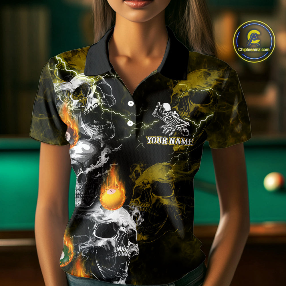 Personalized Yellow Grim Reaper Billiard Shirts For Women Custom Smoke Skull Pool Team Jersey TDM7425