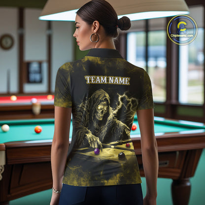 Personalized Yellow Grim Reaper Billiard Shirts For Women Custom Smoke Skull Pool Team Jersey TDM7425