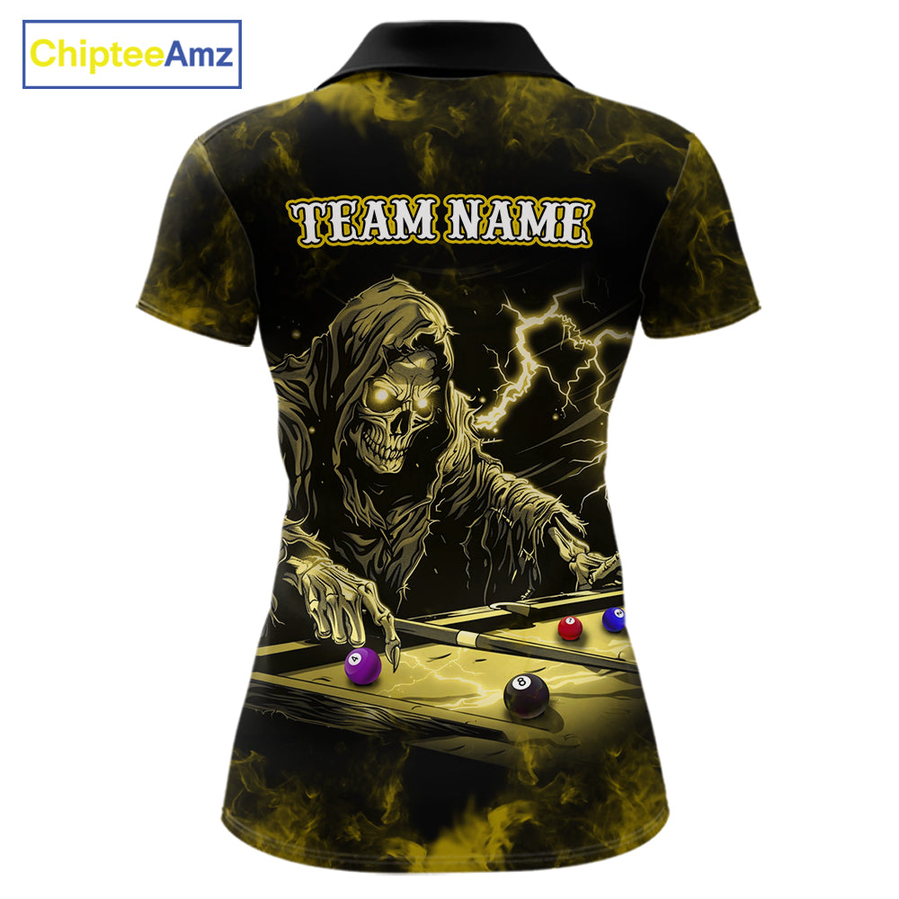 Personalized Yellow Grim Reaper Billiard Shirts For Women Custom Smoke Skull Pool Team Jersey TDM7425