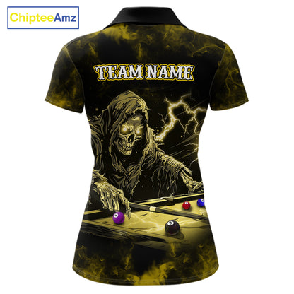 Personalized Yellow Grim Reaper Billiard Shirts For Women Custom Smoke Skull Pool Team Jersey TDM7425