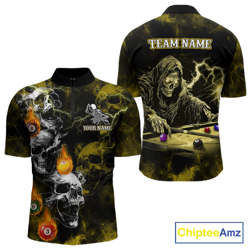 Personalized Yellow Grim Reaper Billiard Shirts For Men Custom Smoke Skull Pool Team Jersey TDM7425