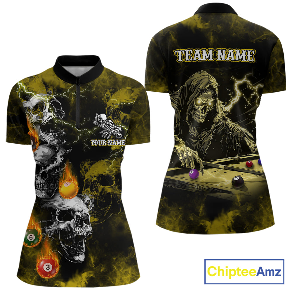 Personalized Yellow Grim Reaper Billiard Shirts For Women Custom Smoke Skull Pool Team Jersey TDM7425