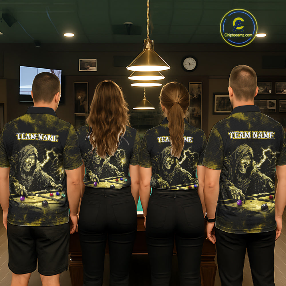 Personalized Yellow Grim Reaper Billiard Shirts For Men Custom Smoke Skull Pool Team Jersey TDM7425