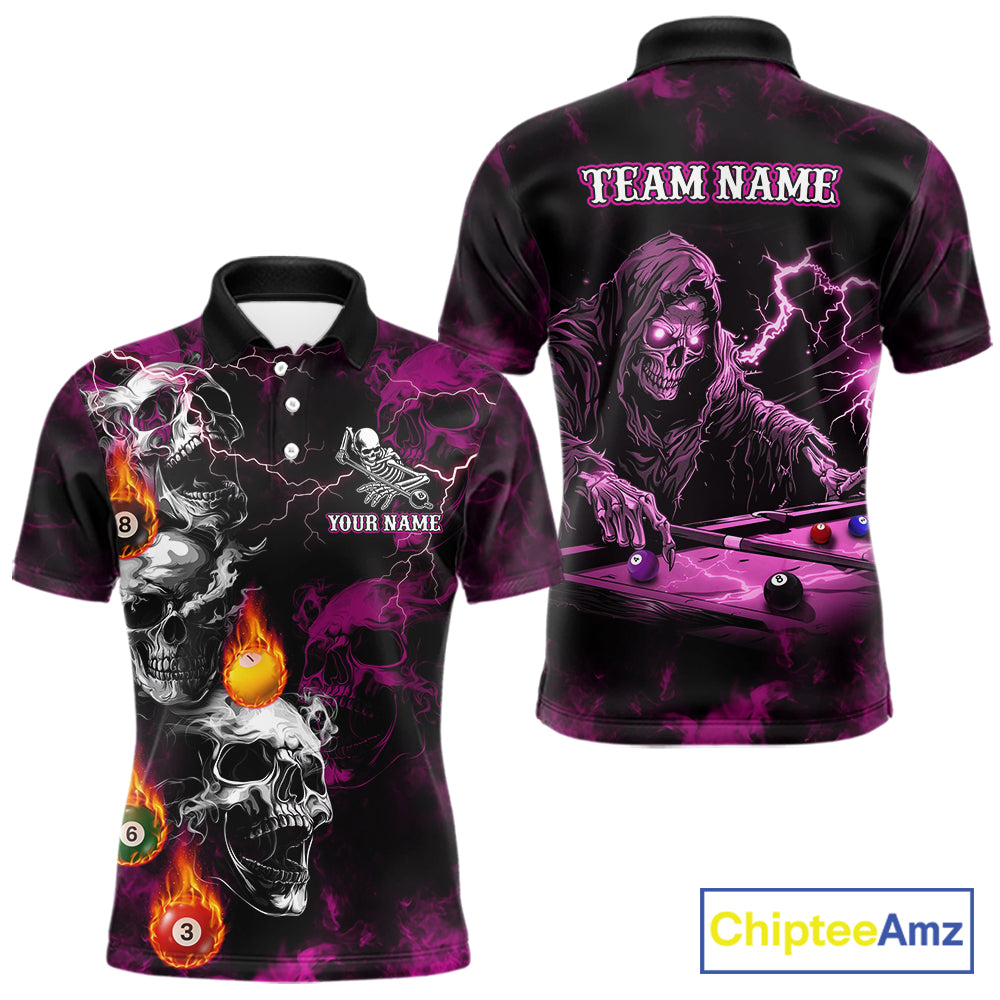 Personalized Pink Grim Reaper Billiard Shirts For Men Custom Smoke Skull Pool Team Jersey TDM7426