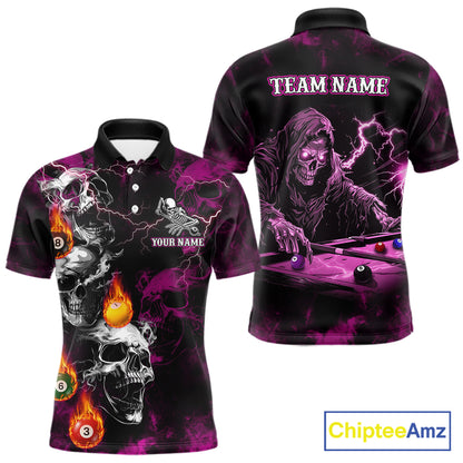 Personalized Pink Grim Reaper Billiard Shirts For Men Custom Smoke Skull Pool Team Jersey TDM7426
