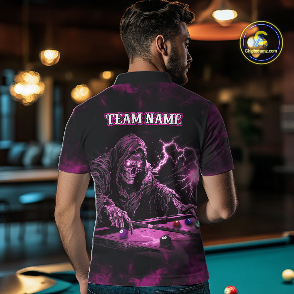 Personalized Pink Grim Reaper Billiard Shirts For Men Custom Smoke Skull Pool Team Jersey TDM7426