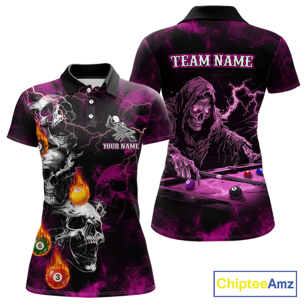 Personalized Pink Grim Reaper Billiard Shirts For Women Custom Smoke Skull Pool Team Jersey TDM7426