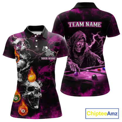 Personalized Pink Grim Reaper Billiard Shirts For Women Custom Smoke Skull Pool Team Jersey TDM7426